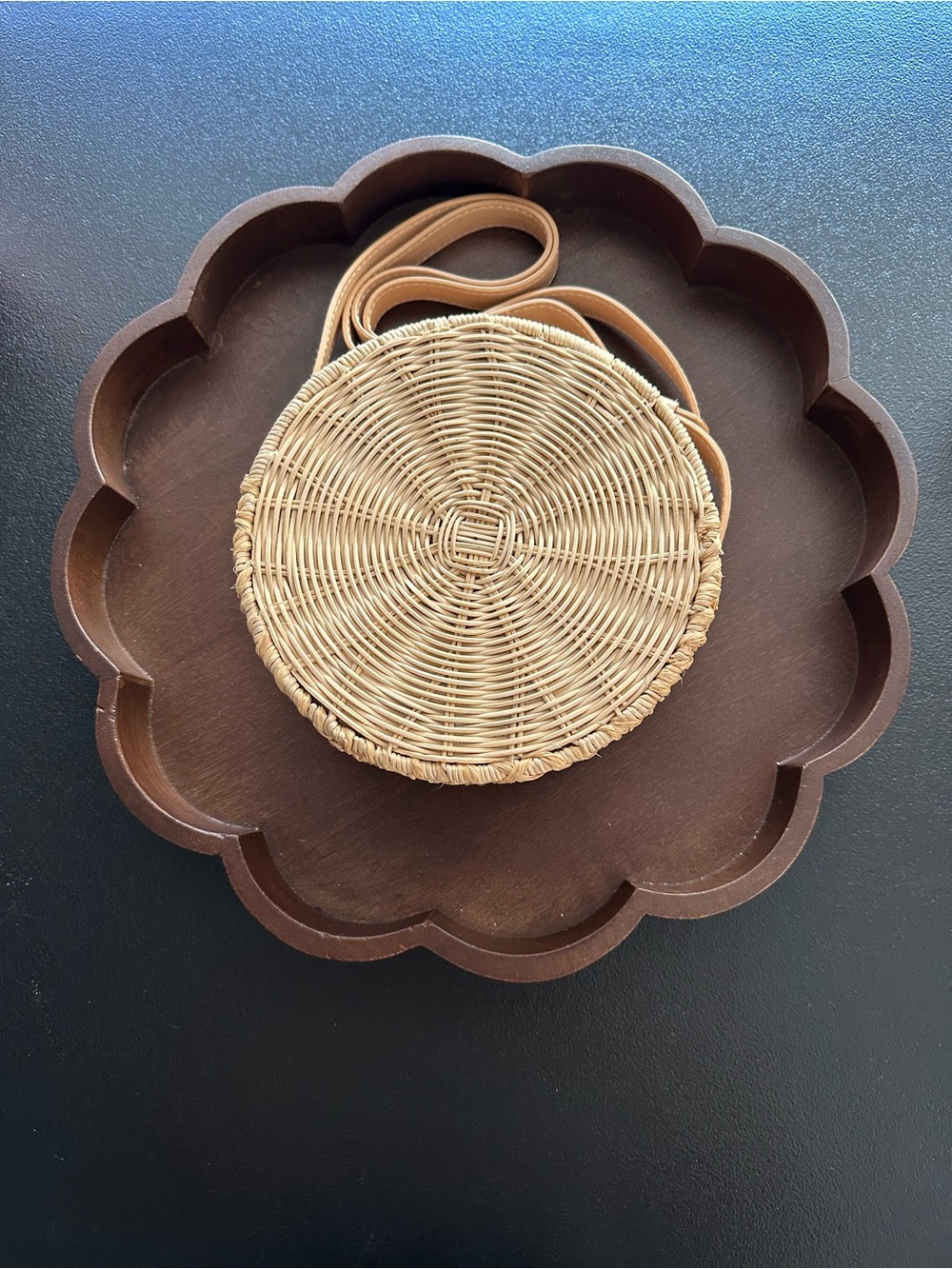 Women’s Round Woven Rattan Crossbody Bag - Natural Tan